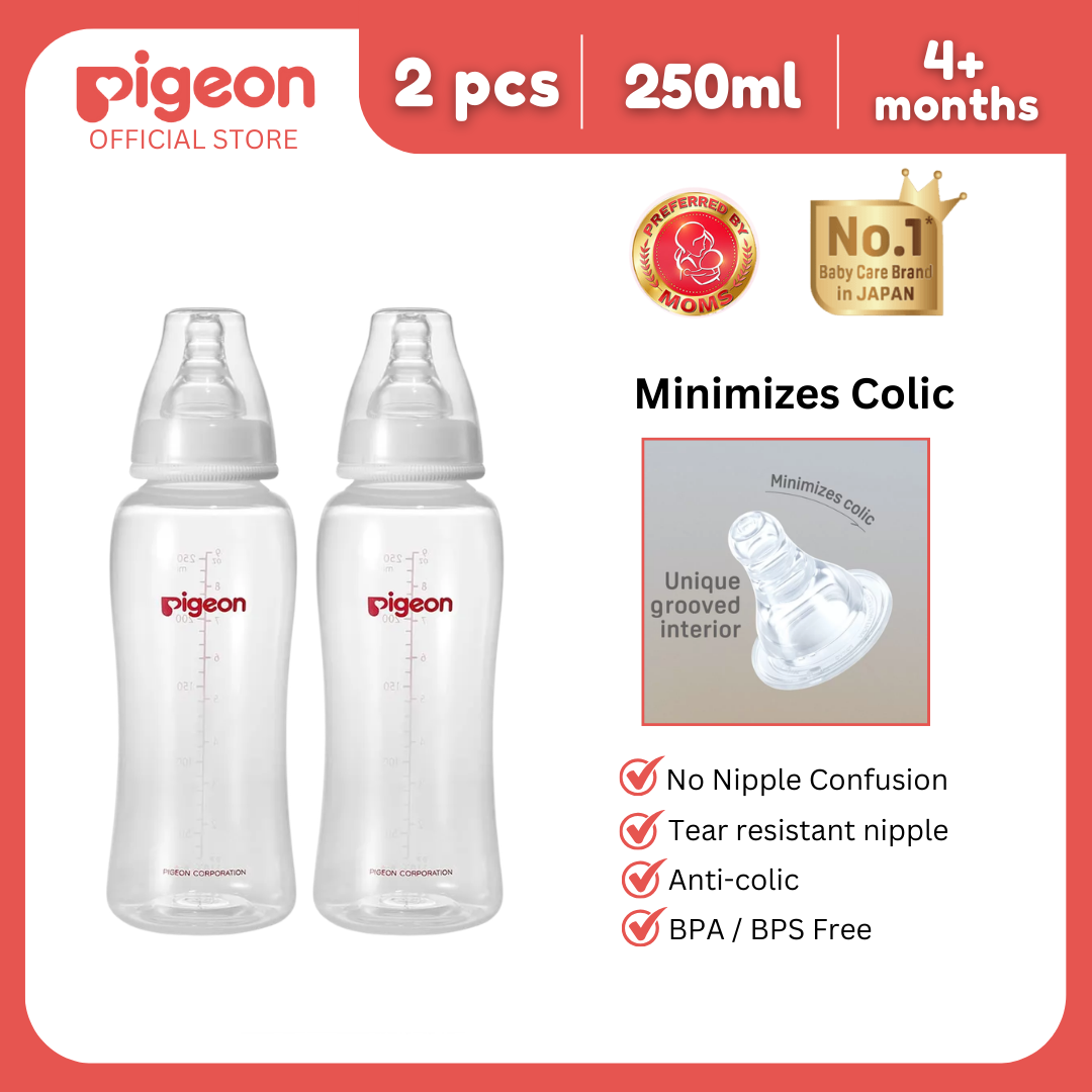 NEW Pigeon Official - PP Crystal Clear Streamline Baby Feeding Bottle 250ml Slow Flow, 4+ Months 2 pcs Anti Colic, No Nipple Confusion, Japan No 1 Brand