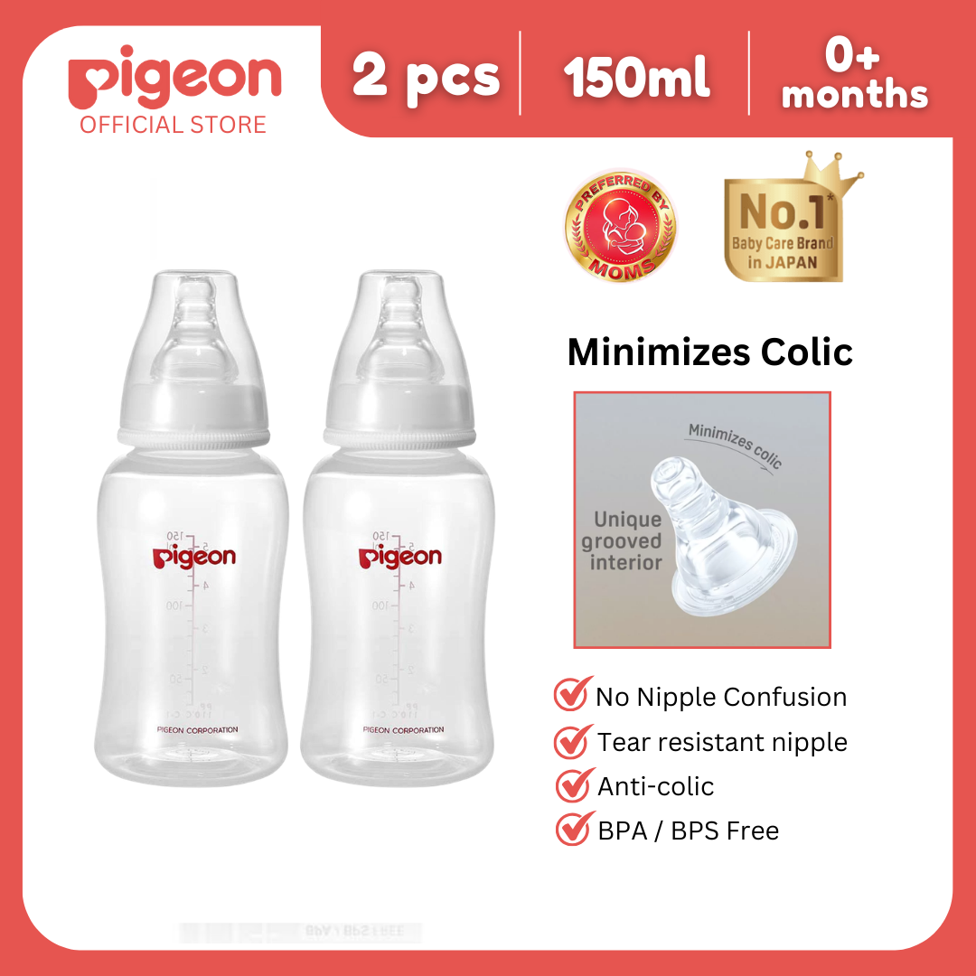 NEW Pigeon Official - PP Crystal Clear Streamline Baby Feeding Bottle 150ml Slow Flow, 0+ Months 2 pcs Anti Colic, No Nipple Confusion, Japan No 1 Brand