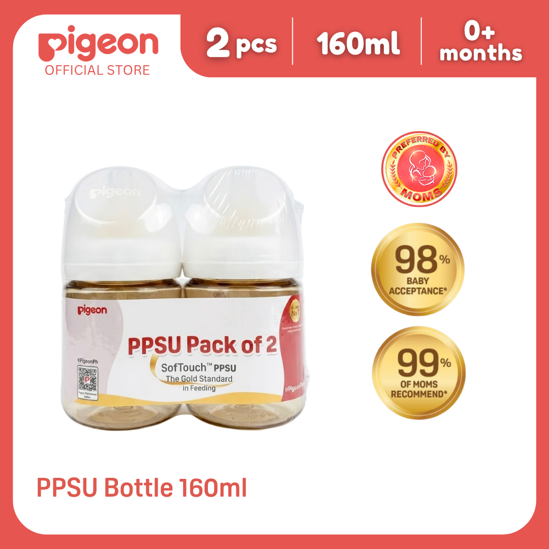 Pigeon Official- New and Improved Wide Neck PPSU Feeding Bottle 160ml Twin Pack for newborn (SS), slow flow, no nipple confusion, anti-colic, high heat resistance, Japan No. 1 Brand