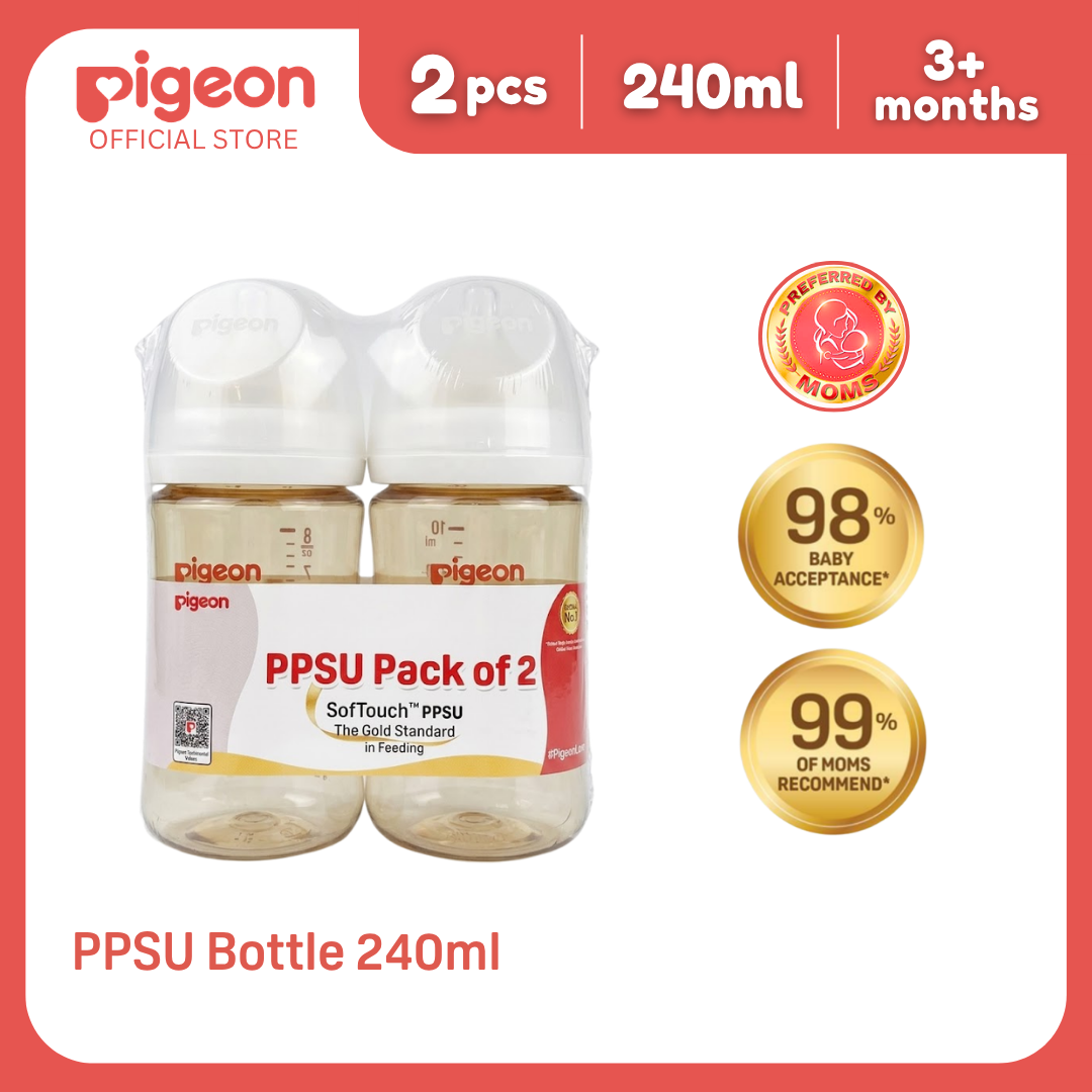 Pigeon Official - New and Improved Wide Neck PPSU Feeding Bottle 240ml Twin Pack for newborn (M), medium flow, no nipple confusion, anti-colic, high heat resistance, Japan No. 1 Brand