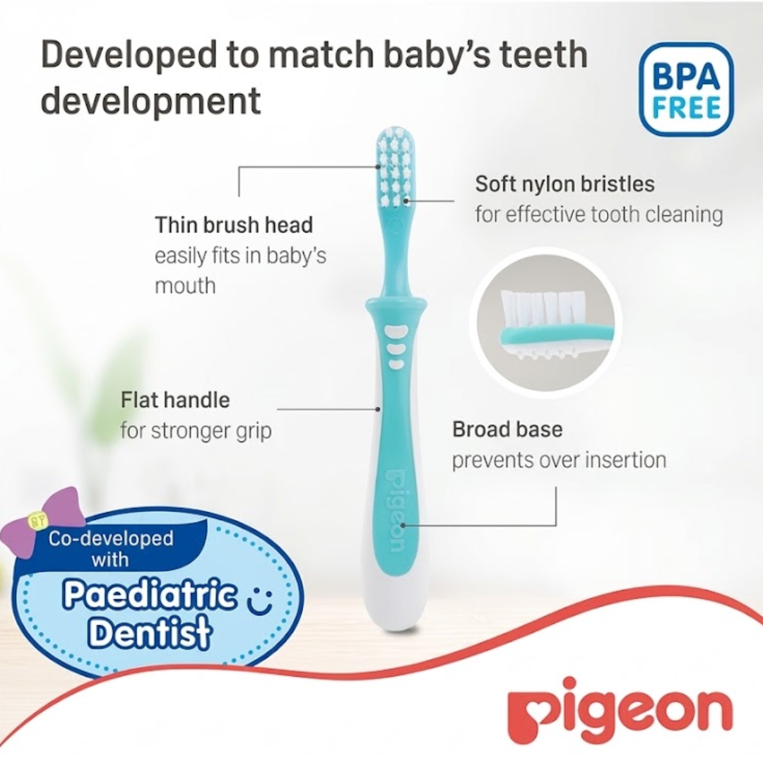 Pigeon Official - Training Toothbrush Lesson 3 Blue, 12-18+ Months, Soft Elastomer Brush Head, Ergonomic handle, BPA Free, Co-developed with Pediatric Dentist, Japan No. 1 Brand