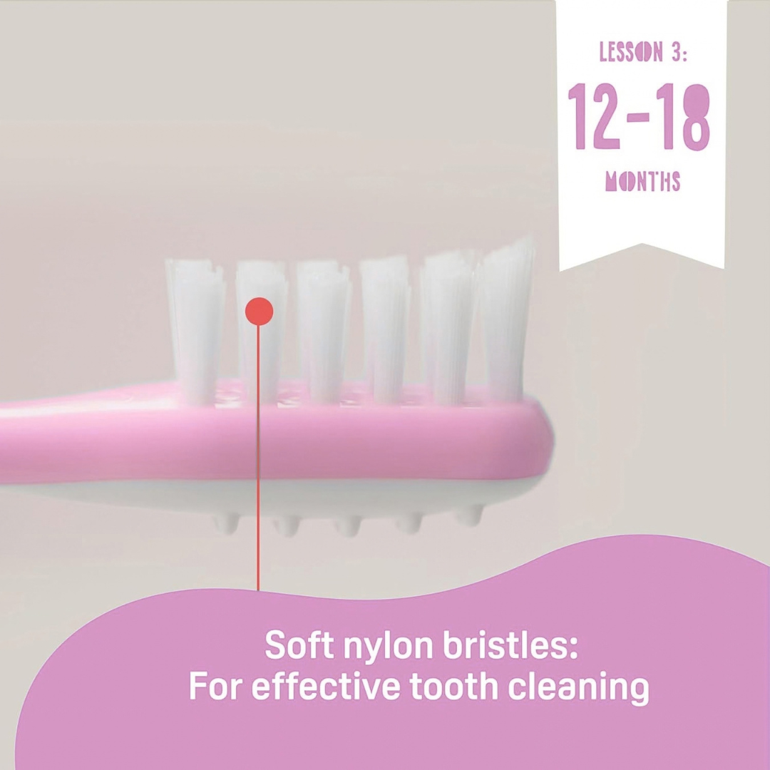 Pigeon Official - Training Toothbrush Lesson 3 Pink, 12-18+ Months, Soft Elastomer Brush Head, Ergonomic handle, BPA Free, Co-developed with Pediatric Dentist, Japan No. 1 Brand