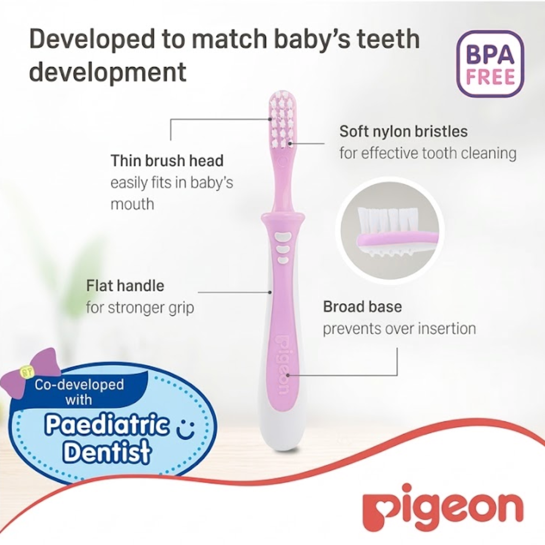 Pigeon Official - Training Toothbrush Lesson 3 Pink, 12-18+ Months, Soft Elastomer Brush Head, Ergonomic handle, BPA Free, Co-developed with Pediatric Dentist, Japan No. 1 Brand