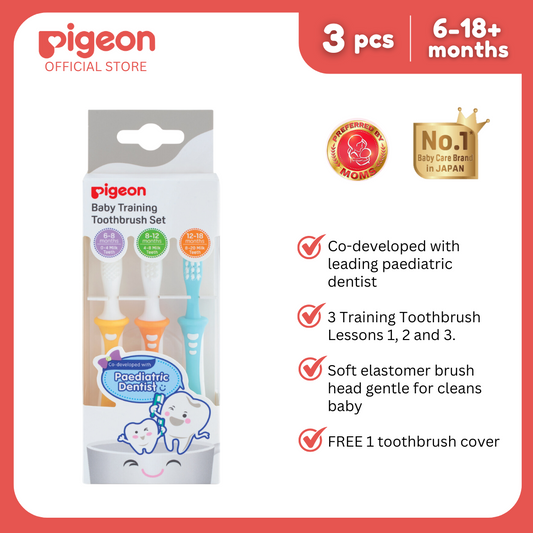 Pigeon Official - Training Toothbrush Set Lesson 1-3, 6-18+ Months, Soft Elastomer Brush Head, Ergonomic handle, BPA Free, Co-developed with Pediatric Dentist, Japan No. 1 Brand
