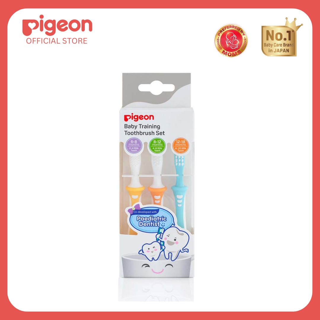 Pigeon Official - Training Toothbrush Set Lesson 1-3, 6-18+ Months, Soft Elastomer Brush Head, Ergonomic handle, BPA Free, Co-developed with Pediatric Dentist, Japan No. 1 Brand
