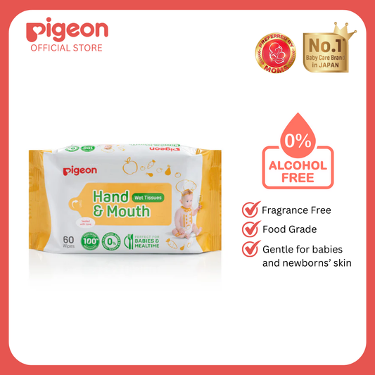 Pigeon Official - 60 sheet of hand & Mouth Wipes - Alcohol & Fragrance Free Gentle & Safe for babies