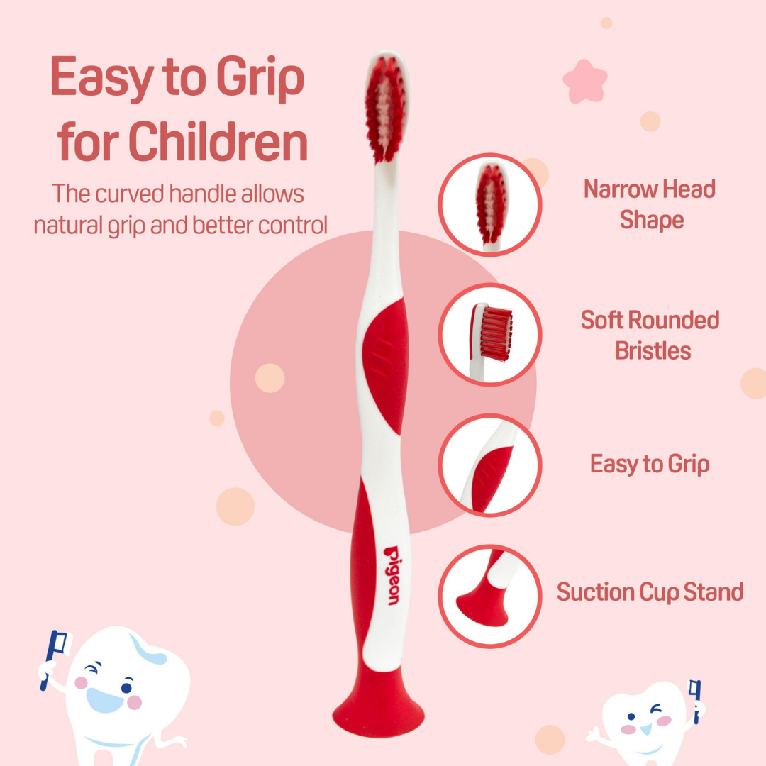 NEW Pigeon Official Kids Toothbrush Red with Suction Cup Stand, 18+ Months, Soft Bristles, Slim head to reach back molars, Ergonomic handle, BPA Free, Co-developed with Pediatric Dentist, Japan No. 1 Brand