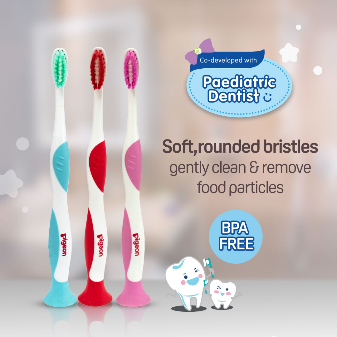 NEW Pigeon Official Kids Toothbrush Red with Suction Cup Stand, 18+ Months, Soft Bristles, Slim head to reach back molars, Ergonomic handle, BPA Free, Co-developed with Pediatric Dentist, Japan No. 1 Brand