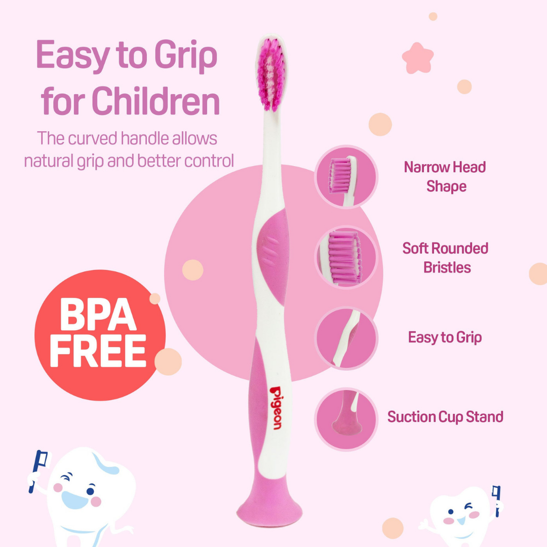NEW Pigeon Official Kids Toothbrush Pink with Suction Cup Stand, 18+ Months, Soft Bristles, Slim head to reach back molars, Ergonomic handle, BPA Free, Co-developed with Pediatric Dentist, Japan No. 1 Brand (Copy)