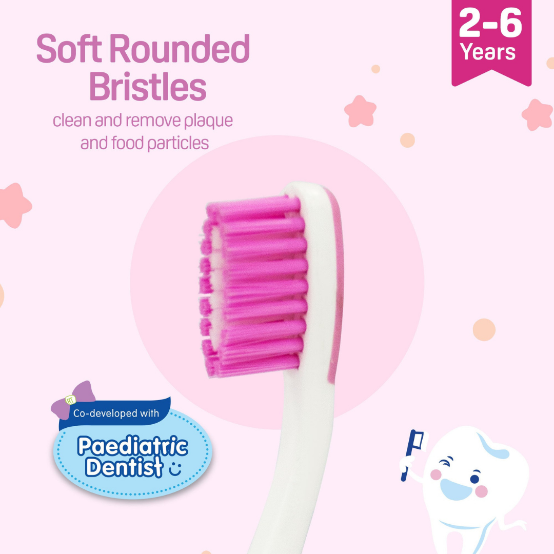 NEW Pigeon Official Kids Toothbrush Pink with Suction Cup Stand, 18+ Months, Soft Bristles, Slim head to reach back molars, Ergonomic handle, BPA Free, Co-developed with Pediatric Dentist, Japan No. 1 Brand (Copy)
