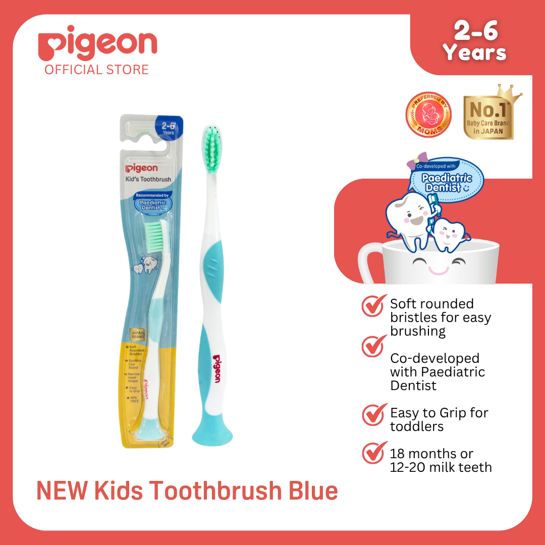 NEW Pigeon Official Kids Toothbrush Blue with Suction Cup Stand, 18+ Months, Soft Bristles, Slim head to reach back molars, Ergonomic handle, BPA Free, Co-developed with Pediatric Dentist, Japan No. 1 Brand (Copy) (Copy)