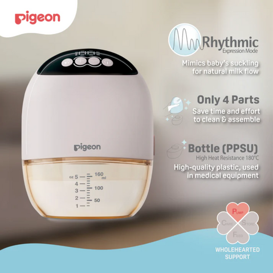 Pigeon Official - Wearable Breast Pump Single - Hands-Free 3 Modes & 9 Suction w/ 160ml PPSU Bottle