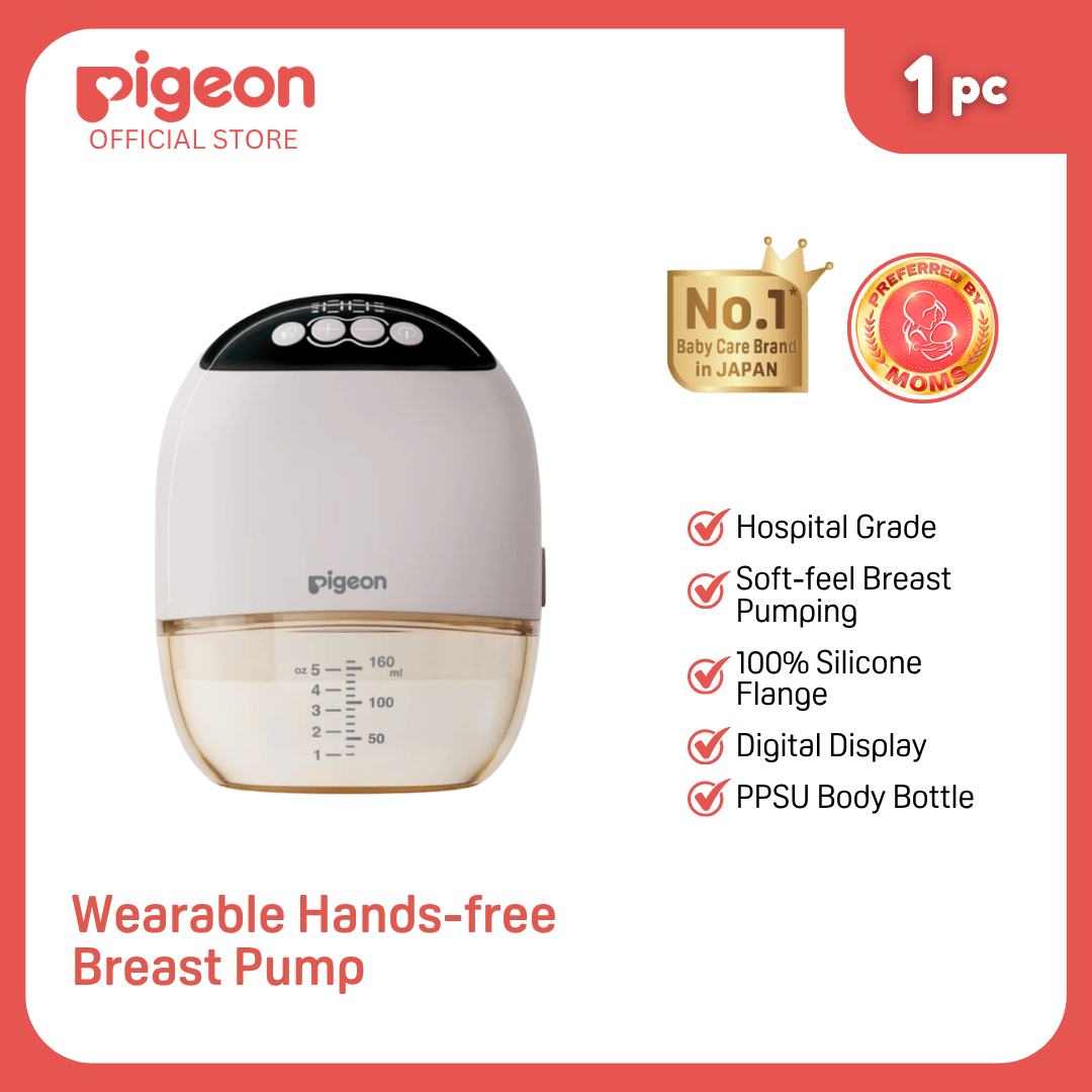 Pigeon Official - Wearable Breast Pump Single with 160ml PPSU Bottle - Hands-Free & Cordless, 3 Modes & 9 Suction Levels for Discreet Pumping, 100% Soft Silicone Flange, Hospital Grade, Digital Display Control, Japan No. 1 Brand