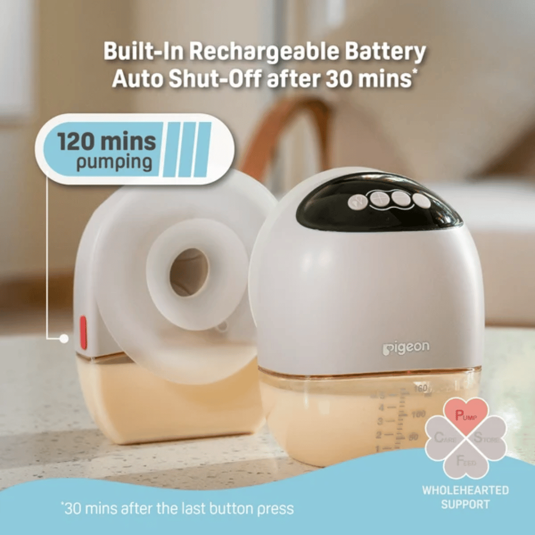 Pigeon Official - Wearable Breast Pump Single with 160ml PPSU Bottle - Hands-Free & Cordless, 3 Modes & 9 Suction Levels for Discreet Pumping, 100% Soft Silicone Flange, Hospital Grade, Digital Display Control, Japan No. 1 Brand