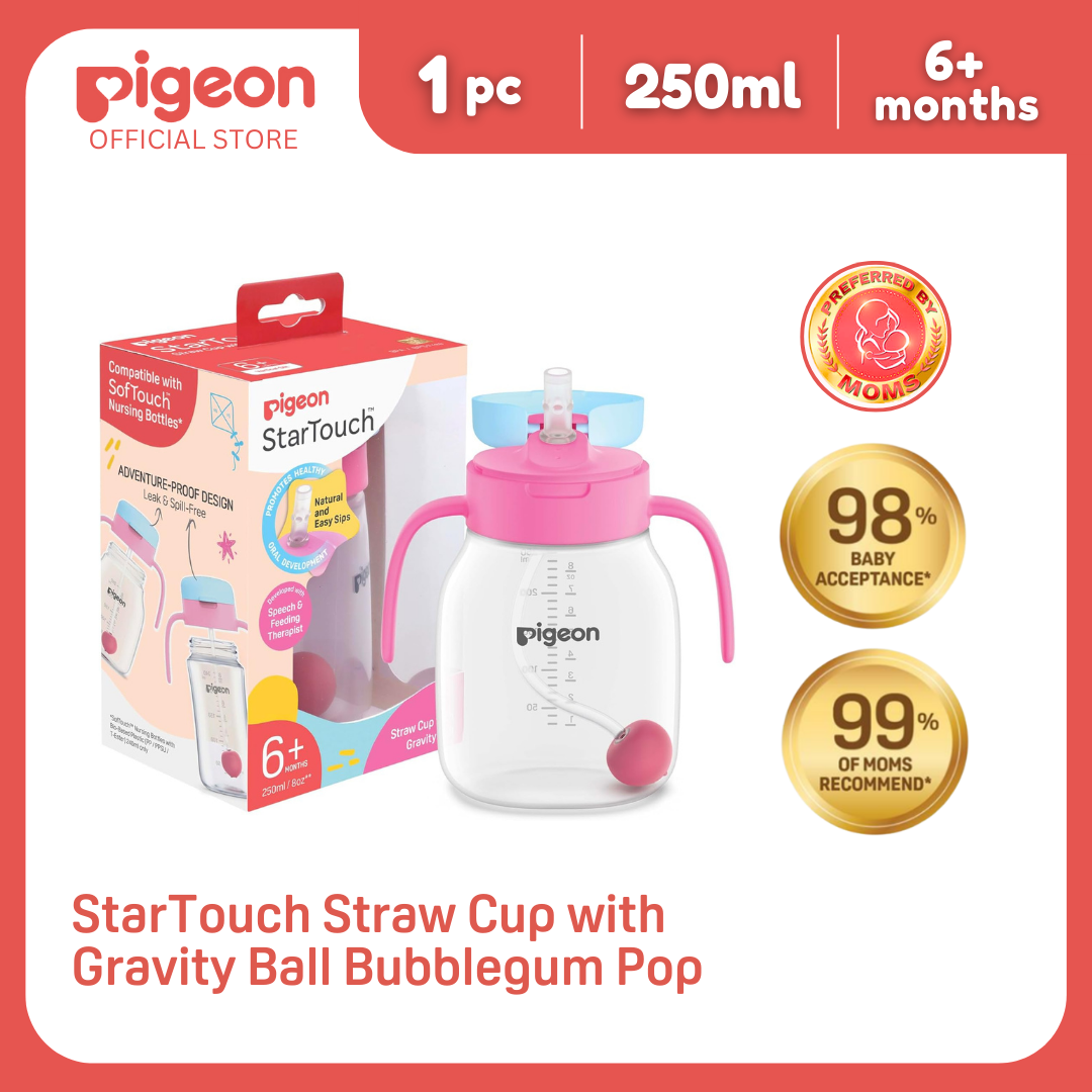 Pigeon Official StarTouch Straw Cup with Gravity Ball Bubblegum Pop 250ml - BPA Free, Spill Proof, Promotes Oral Development, 6+ Months