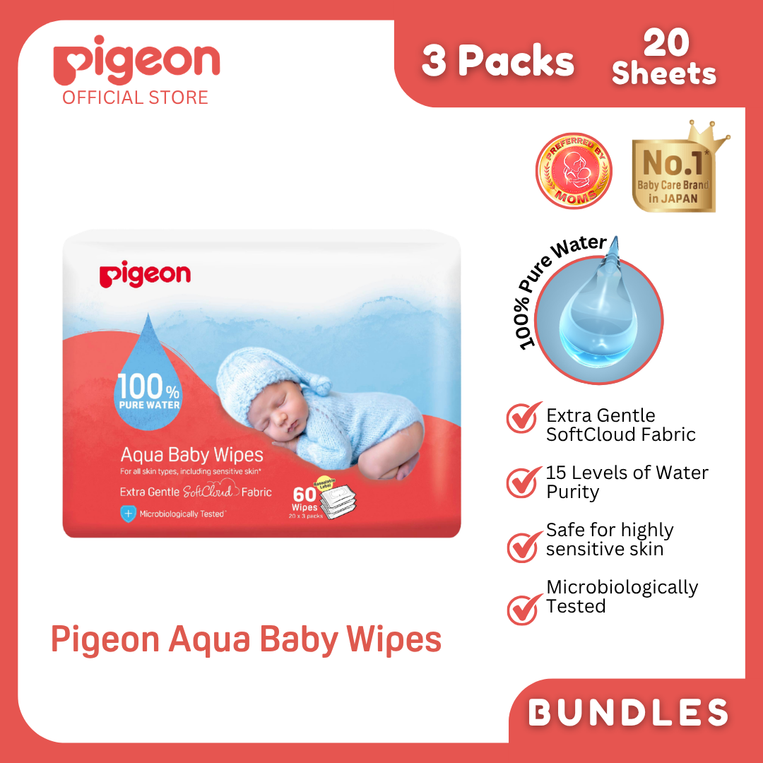 Pigeon Official - 100% Pure Water Baby Wipes 20 Sheets pack of 3 Flip Top delicate and gentle on skin, SoftCloud Fabric, No Fragrance, No Paraben, Japan Number 1 Brand