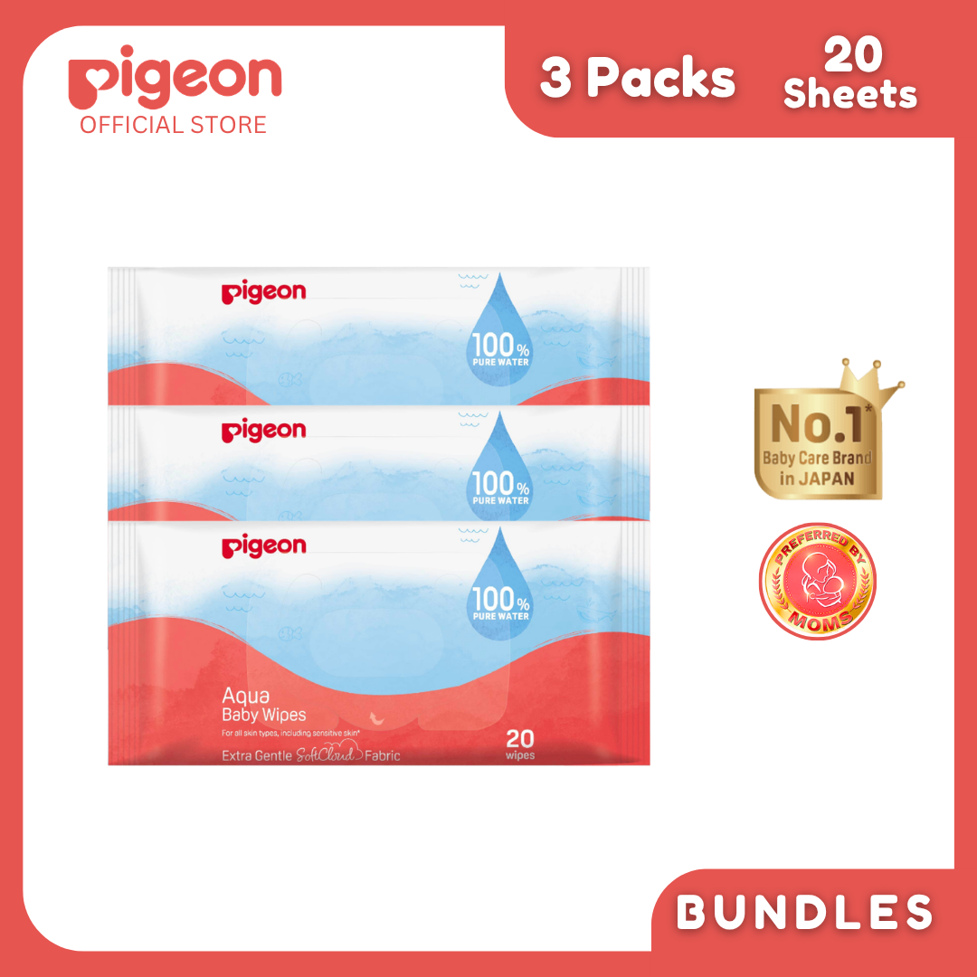 Pigeon Official - 100% Pure Water Baby Wipes 20 Sheets pack of 3 Flip Top delicate and gentle on skin, SoftCloud Fabric, No Fragrance, No Paraben, Japan Number 1 Brand