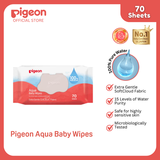 Pigeon Official - 100% Pure Water Baby Wipes 70 Sheets [Flip Top] 1pc Refreshed SoftCloud Fabric