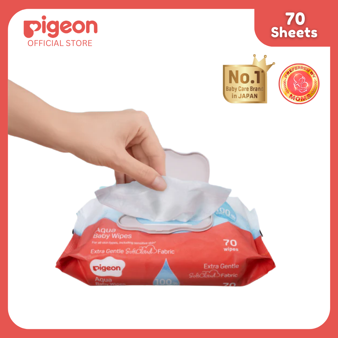 Pigeon Official - 100% Pure Water Baby Wipes 70 Sheets [Flip Top] 1pc Refreshed SoftCloud Fabric