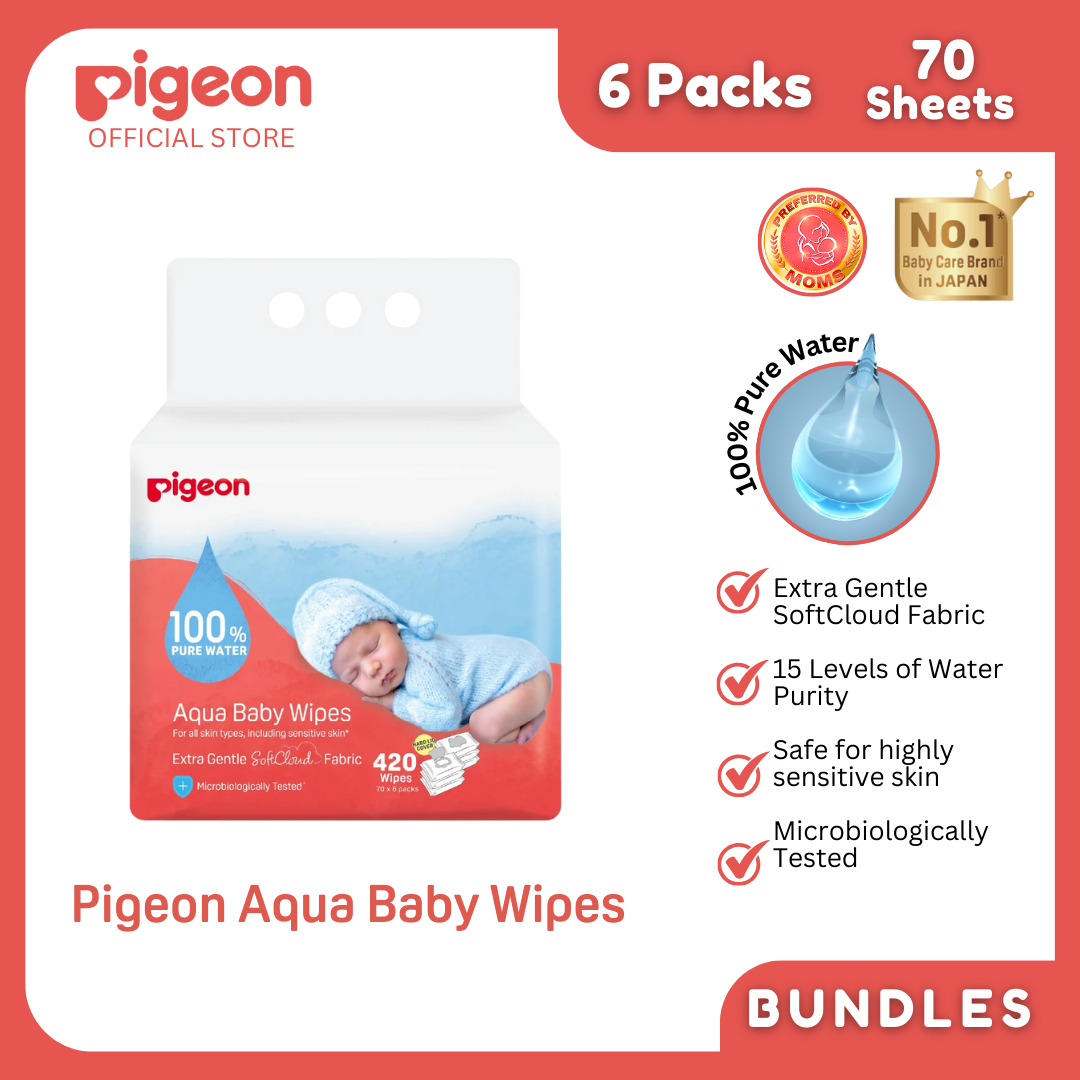 Pigeon Official - 100% Pure Water Baby Wipes 70 Sheets [6in1 Flip Top] Refreshed SoftCloud Fabric