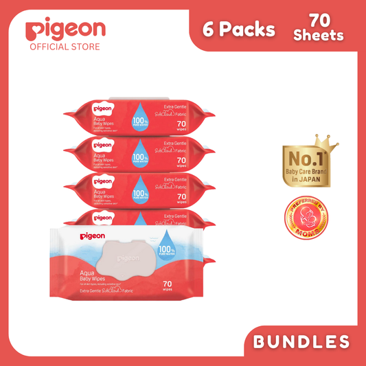 Pigeon Official - 100% Pure Water Baby Wipes 70 Sheets [6in1 Flip Top] Refreshed SoftCloud Fabric