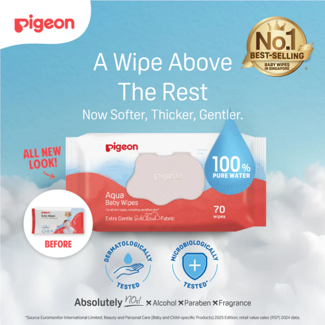 Pigeon Official - 100% Pure Water Baby Wipes 70 Sheets [6in1 Flip Top] Refreshed SoftCloud Fabric