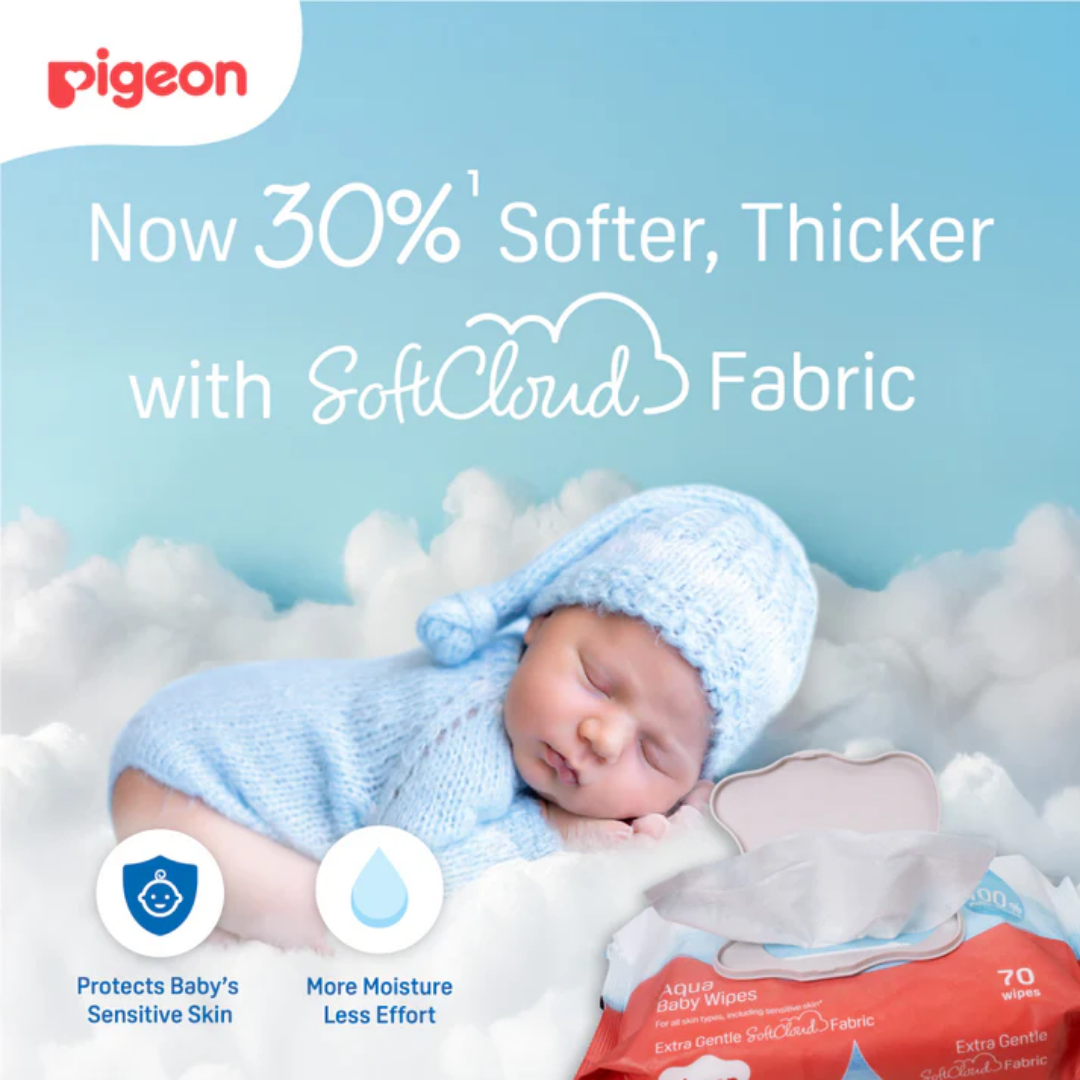 Pigeon Official - 100% Pure Water Baby Wipes 70 Sheets [6in1 Flip Top] Refreshed SoftCloud Fabric