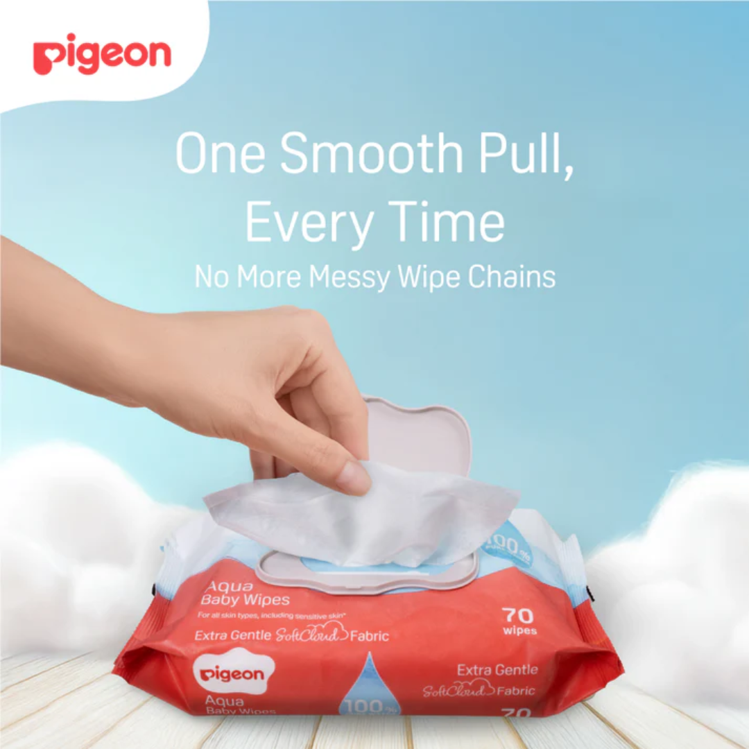 Pigeon Official - 100% Pure Water Baby Wipes 70 Sheets [6in1 Flip Top] Refreshed SoftCloud Fabric