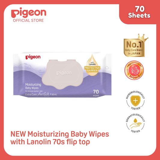 NEW Pigeon Official Extra Care Moisturizing Baby Wipes with Lanolin Oil (70 Sheets) Aerosoft Fabric Wet Wipes, Dermatologically Tested, Medical Grade, No Alcohol, No Paraben, Japan No. 1 Brand