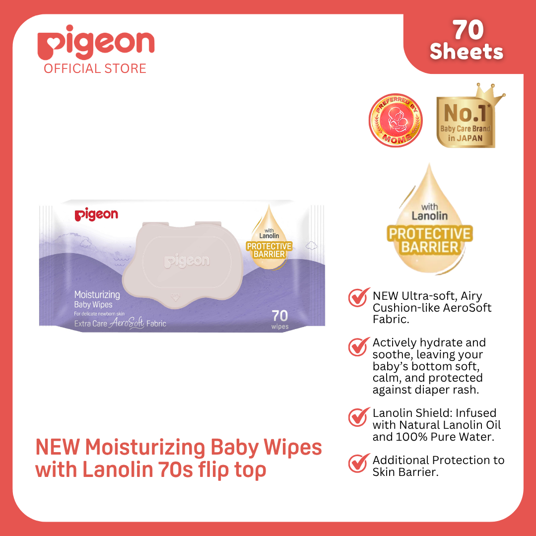 NEW Pigeon Official Extra Care Moisturizing Baby Wipes with Lanolin Oil (70 Sheets) Aerosoft Fabric Wet Wipes, Dermatologically Tested, Medical Grade, No Alcohol, No Paraben, Japan No. 1 Brand