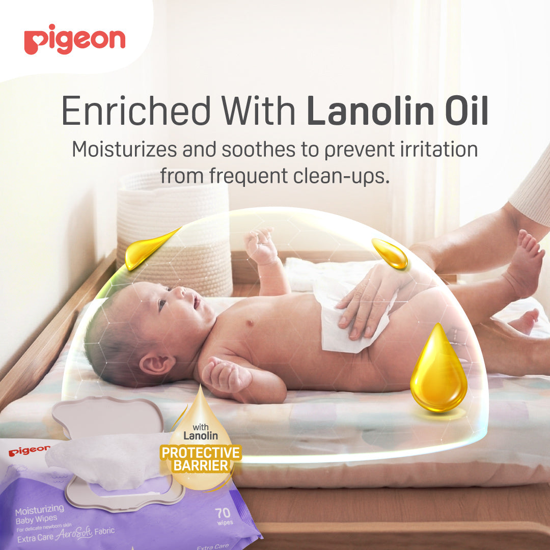 NEW Pigeon Official Extra Care Moisturizing Baby Wipes with Lanolin Oil (70 Sheets) Aerosoft Fabric Wet Wipes, Dermatologically Tested, Medical Grade, No Alcohol, No Paraben, Japan No. 1 Brand