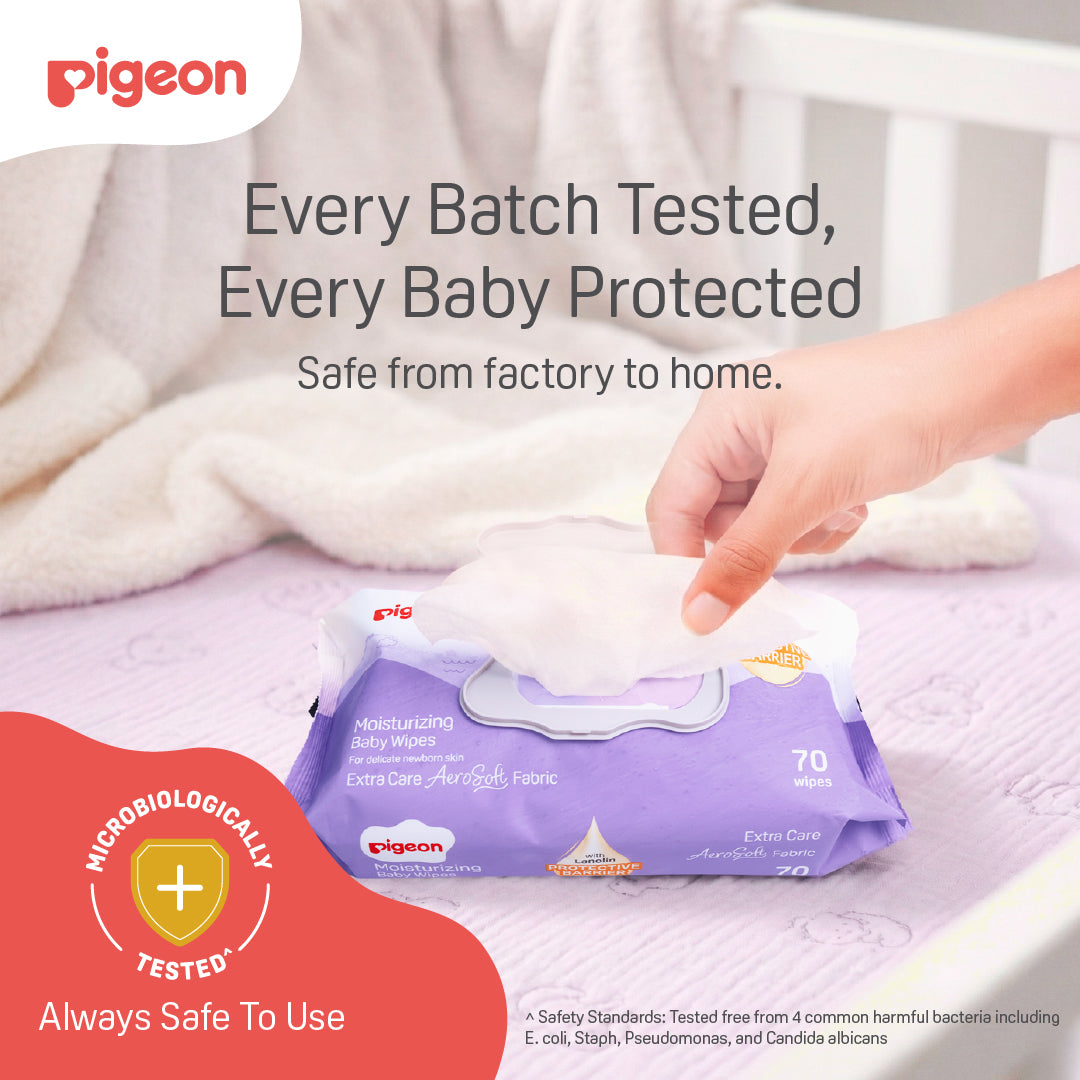NEW Pigeon Official Extra Care Moisturizing Baby Wipes with Lanolin Oil (70 Sheets) Aerosoft Fabric Wet Wipes, Dermatologically Tested, Medical Grade, No Alcohol, No Paraben, Japan No. 1 Brand