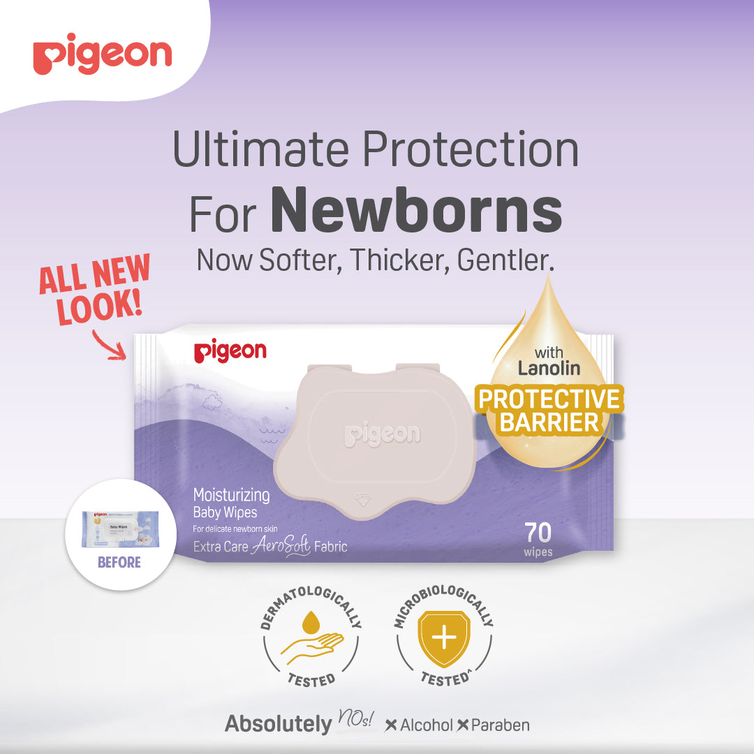 NEW Pigeon Official Extra Care Moisturizing Baby Wipes with Lanolin Oil (70 Sheets) Aerosoft Fabric Wet Wipes, Dermatologically Tested, Medical Grade, No Alcohol, No Paraben, Japan No. 1 Brand
