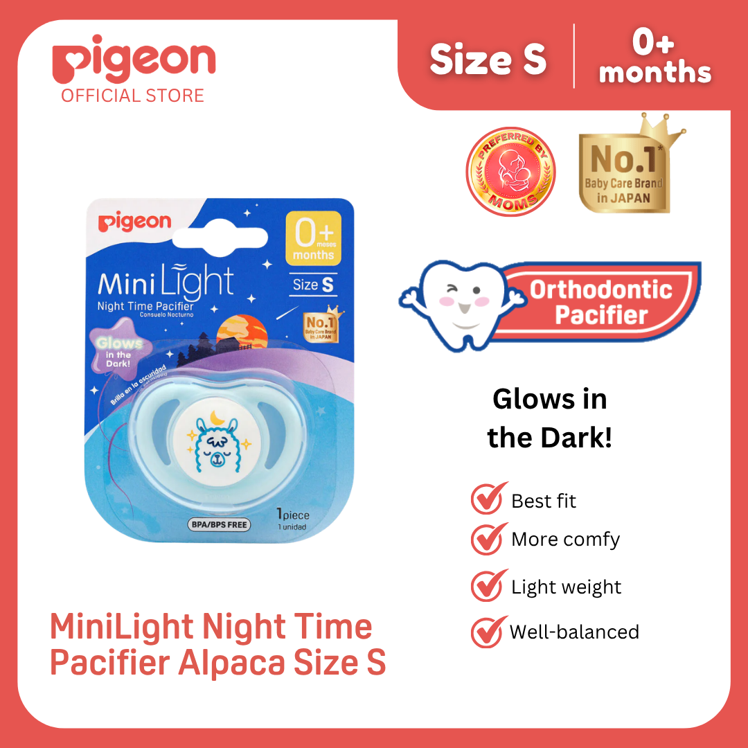 Pigeon Official - NEW MiniLight Night Time Pacifier Glow in the Dark Soother 0+ Months Alpaca Size S 1pc | Orthodontic Pacifier, No Nipple Confusion, BPA Free, Flexible Nipples, Japan No. 1 Brand