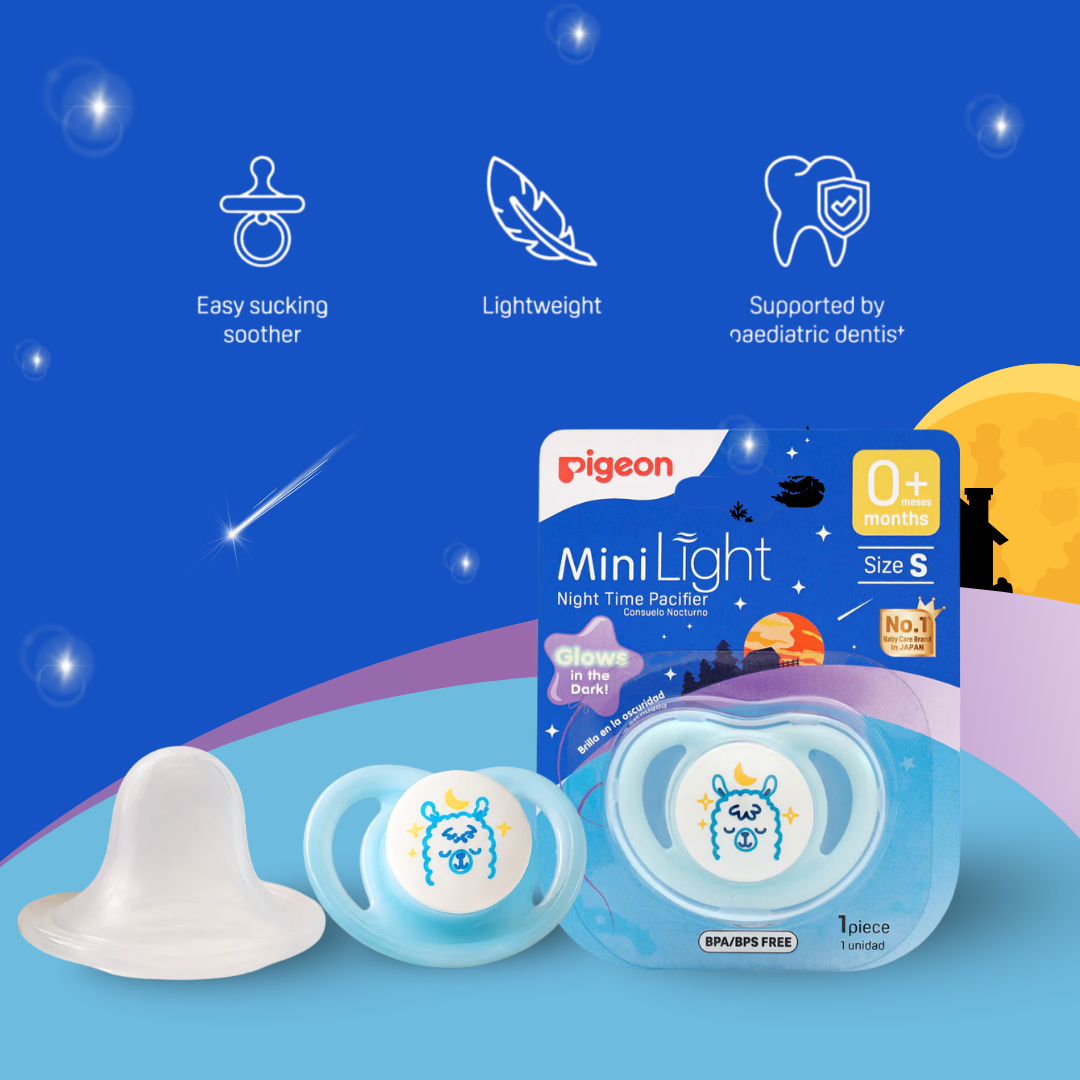 Pigeon Official - NEW MiniLight Night Time Pacifier Glow in the Dark Soother 0+ Months Alpaca Size S 1pc | Orthodontic Pacifier, No Nipple Confusion, BPA Free, Flexible Nipples, Japan No. 1 Brand
