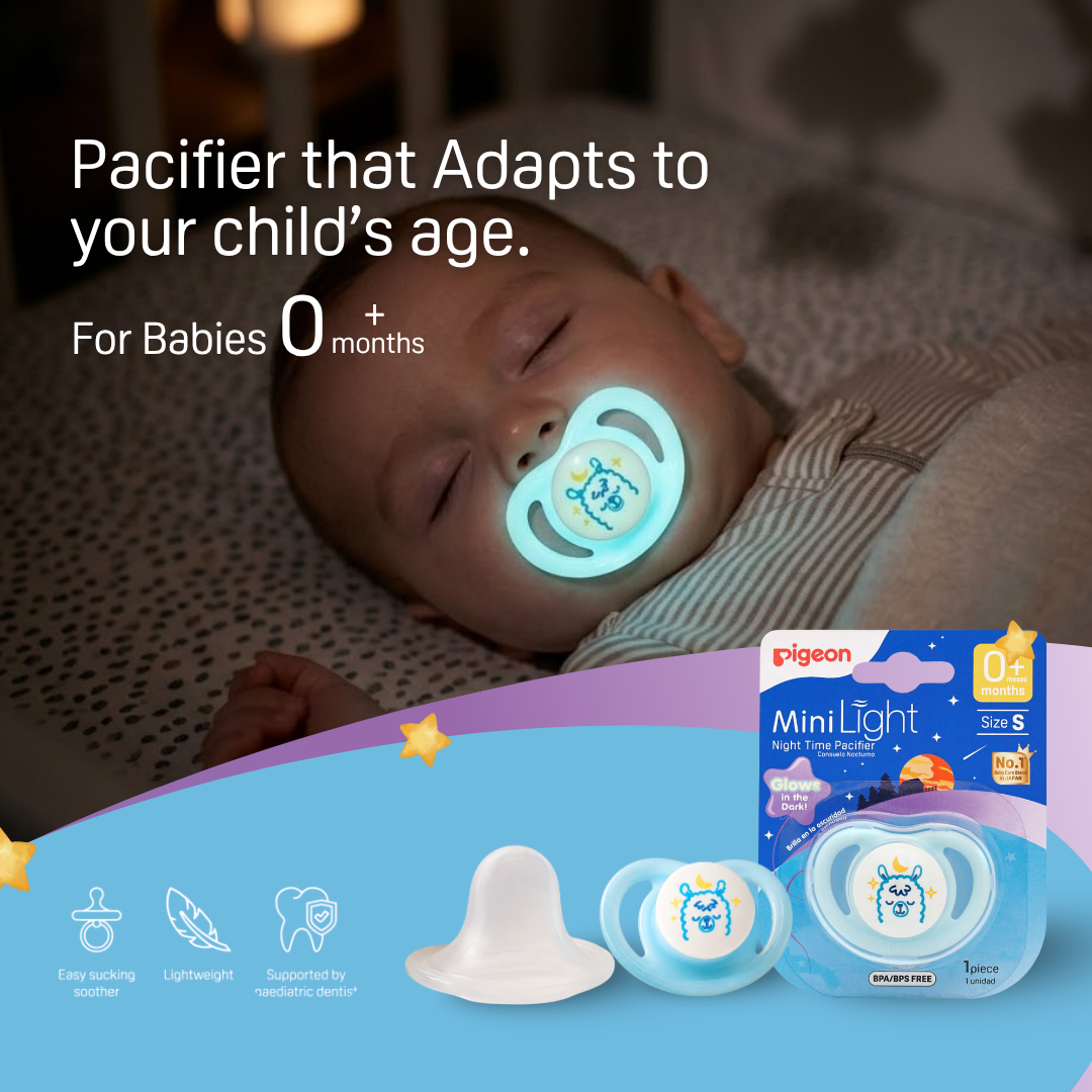 Pigeon Official - NEW MiniLight Night Time Pacifier Glow in the Dark Soother 0+ Months Alpaca Size S 1pc | Orthodontic Pacifier, No Nipple Confusion, BPA Free, Flexible Nipples, Japan No. 1 Brand
