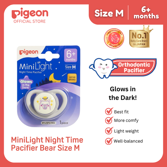 Pigeon Official - NEW MiniLight Night Time Pacifier Glow in the Dark Soother 6+ Months Bear Size M 1pc | Orthodontic Pacifier, No Nipple Confusion, BPA Free, Flexible Nipples, Japan No. 1 Brand