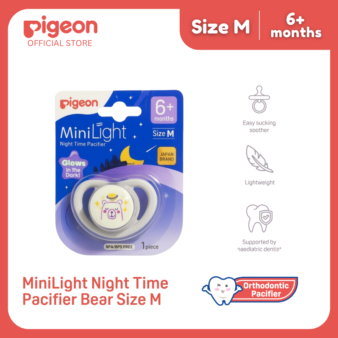 Pigeon Official - NEW MiniLight Night Time Pacifier Glow in the Dark Soother 6+ Months Bear Size M 1pc | Orthodontic Pacifier, No Nipple Confusion, BPA Free, Flexible Nipples, Japan No. 1 Brand