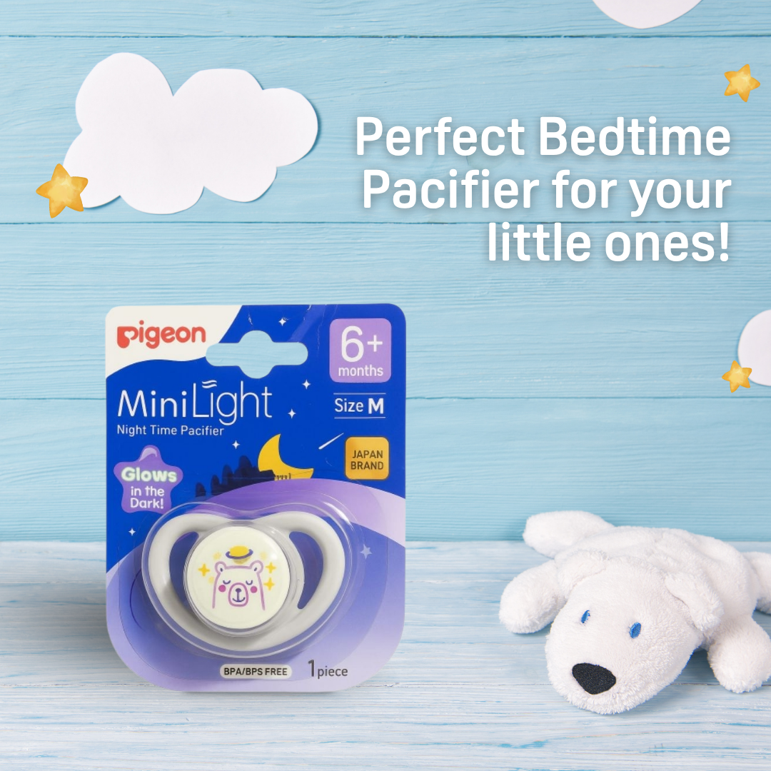 Pigeon Official - NEW MiniLight Night Time Pacifier Glow in the Dark Soother 6+ Months Bear Size M 1pc | Orthodontic Pacifier, No Nipple Confusion, BPA Free, Flexible Nipples, Japan No. 1 Brand