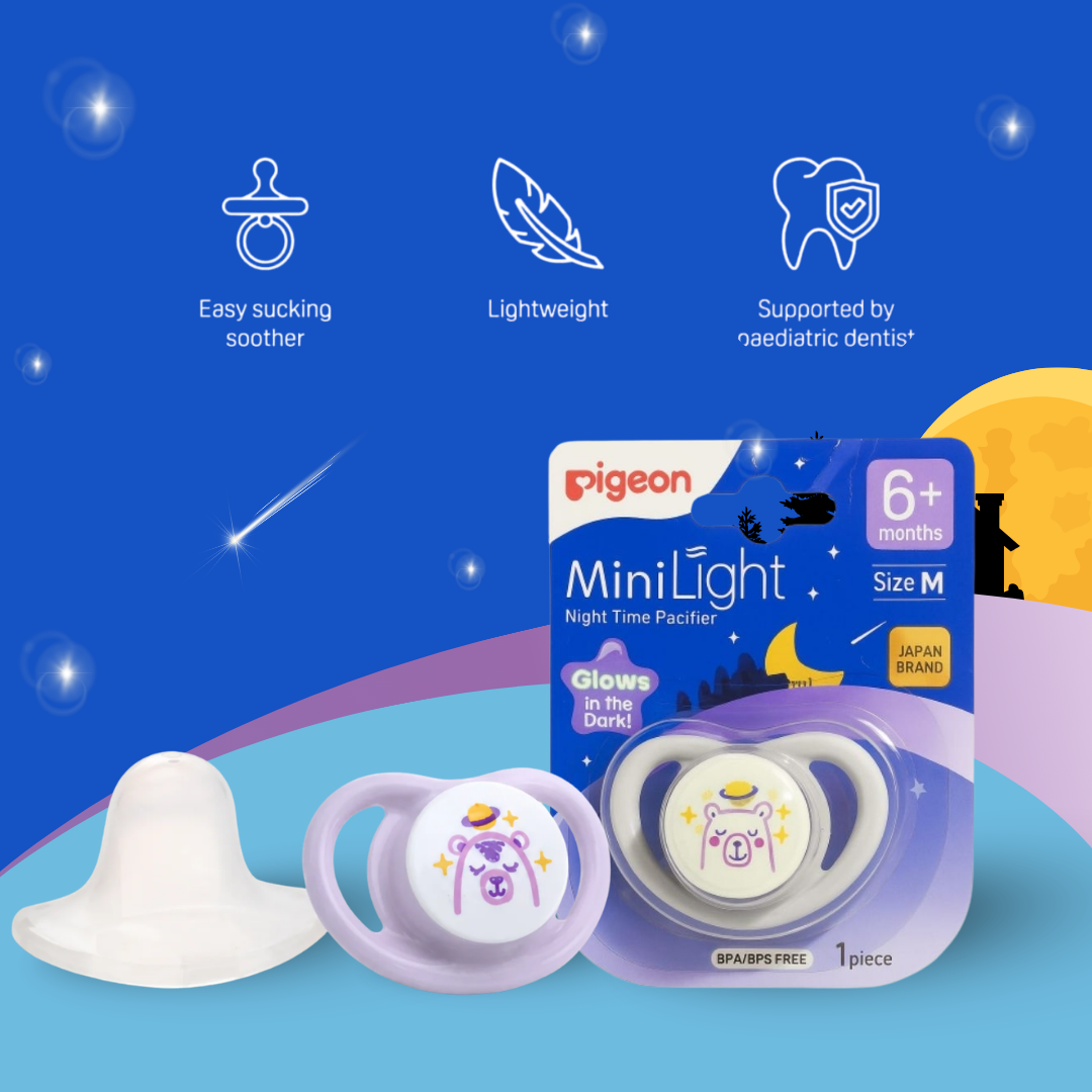 Pigeon Official - NEW MiniLight Night Time Pacifier Glow in the Dark Soother 6+ Months Bear Size M 1pc | Orthodontic Pacifier, No Nipple Confusion, BPA Free, Flexible Nipples, Japan No. 1 Brand