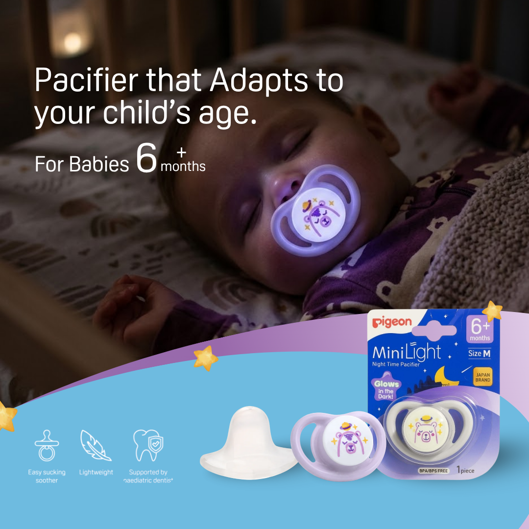 Pigeon Official - NEW MiniLight Night Time Pacifier Glow in the Dark Soother 6+ Months Bear Size M 1pc | Orthodontic Pacifier, No Nipple Confusion, BPA Free, Flexible Nipples, Japan No. 1 Brand