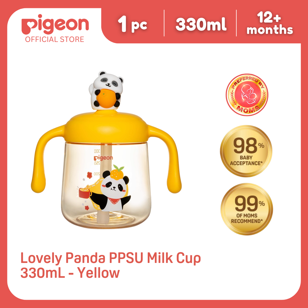 Pigeon Lovely Panda PPSU Milk Cup 330mL Yellow | Toddler Straw Cup, BPA BPS Free, 180°C, Soft Straw