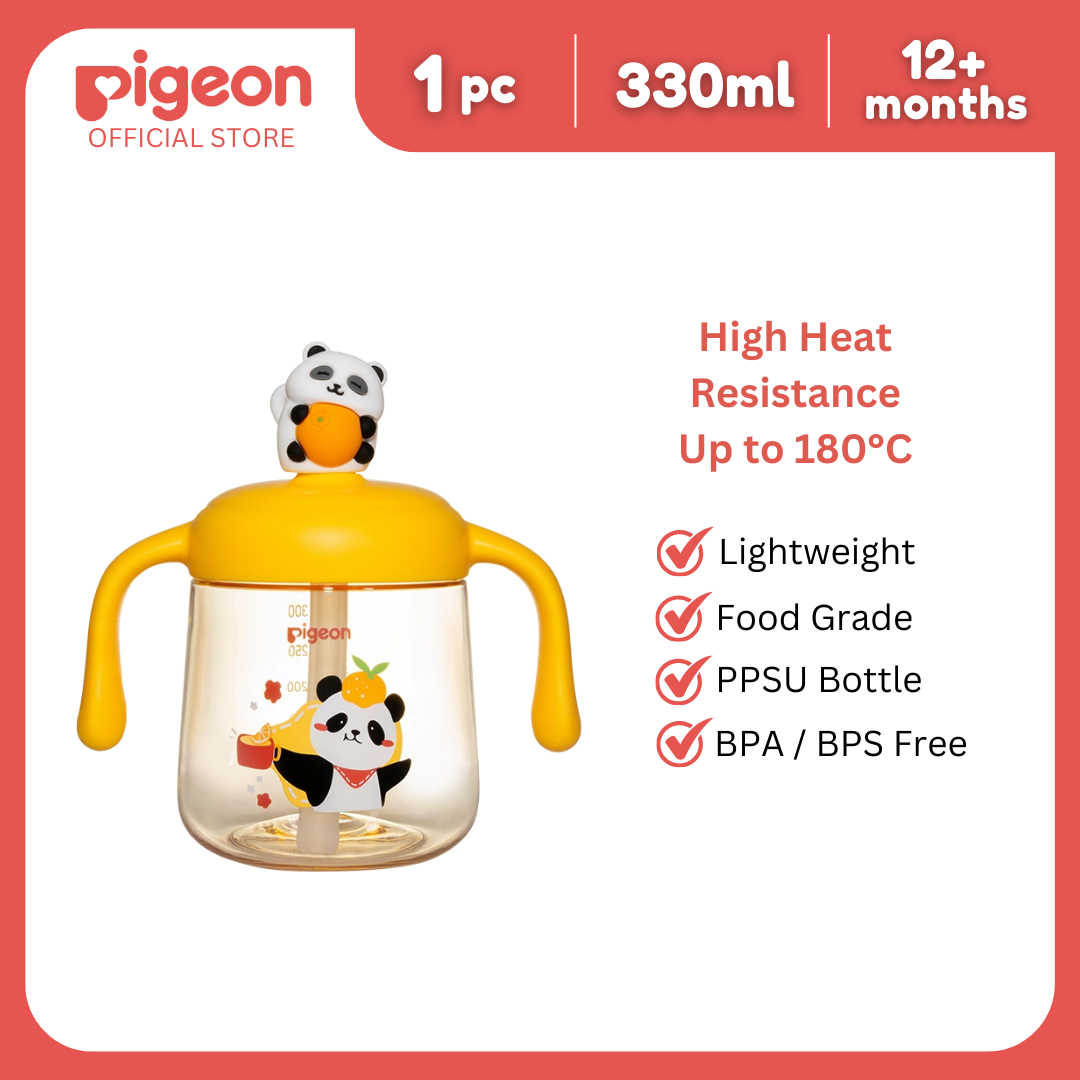 Pigeon Lovely Panda PPSU Milk Cup 330mL Yellow | Toddler Straw Cup, BPA BPS Free, 180°C, Soft Straw