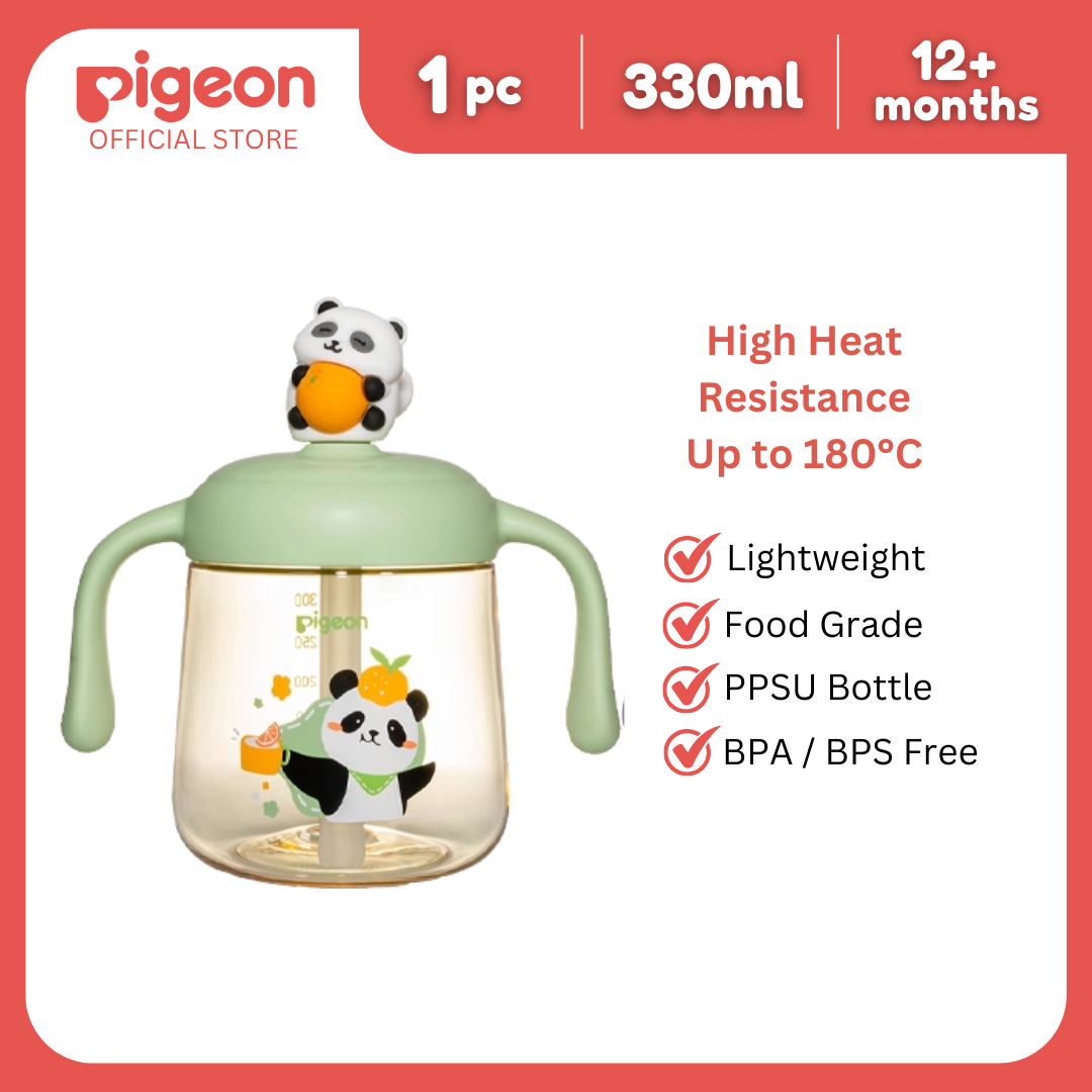 Pigeon Lovely Panda PPSU Milk Cup 330mL Green | Toddler Straw Cup, BPA BPS Free, 180°C, Soft Straw