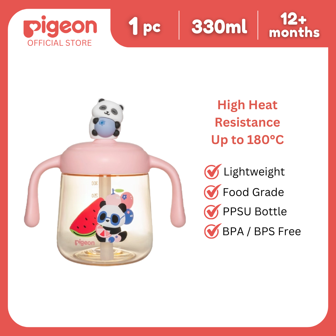 Pigeon Lovely Panda PPSU Milk Cup 330mL Pink Toddler Straw Cup, BPA BPS Free, 180°C, Soft Straw