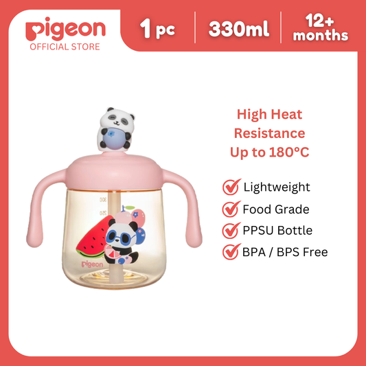 Pigeon Lovely Panda PPSU Milk Cup 330mL Pink Toddler Straw Cup, BPA BPS Free, 180°C, Soft Straw