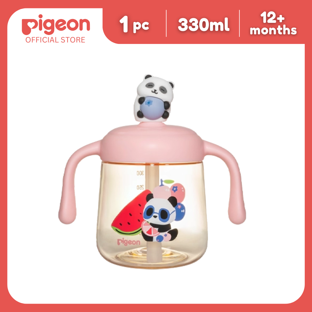 Pigeon Lovely Panda PPSU Milk Cup 330mL Pink Toddler Straw Cup, BPA BPS Free, 180°C, Soft Straw