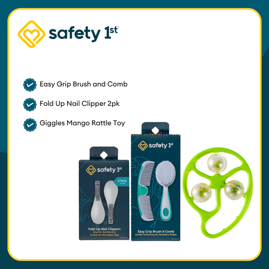 Safety 1st Easy Grip Brush and Comb + Fold Up Nail Clipper 2pk + Giggles Mango Rattle Toy