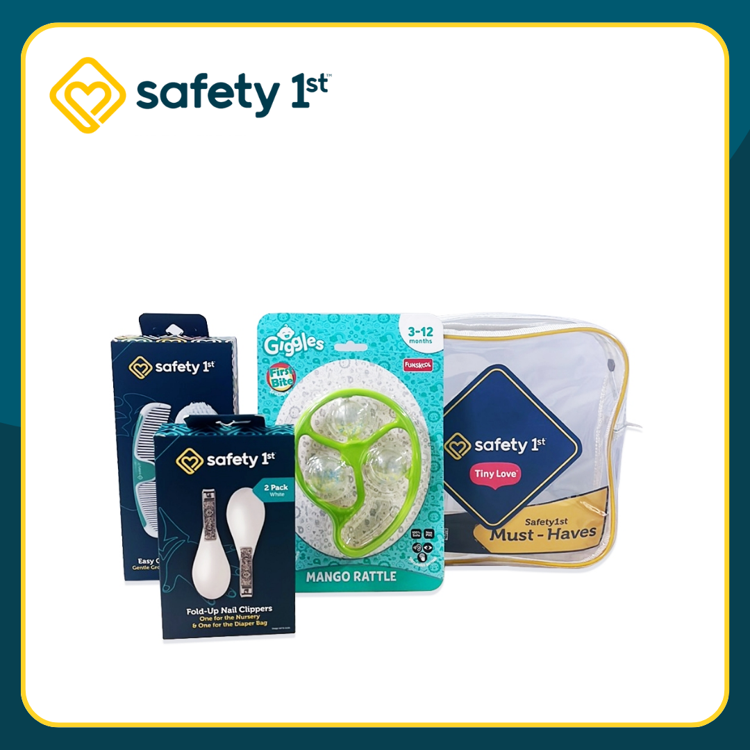 Safety 1st Easy Grip Brush and Comb + Fold Up Nail Clipper 2pk + Giggles Mango Rattle Toy