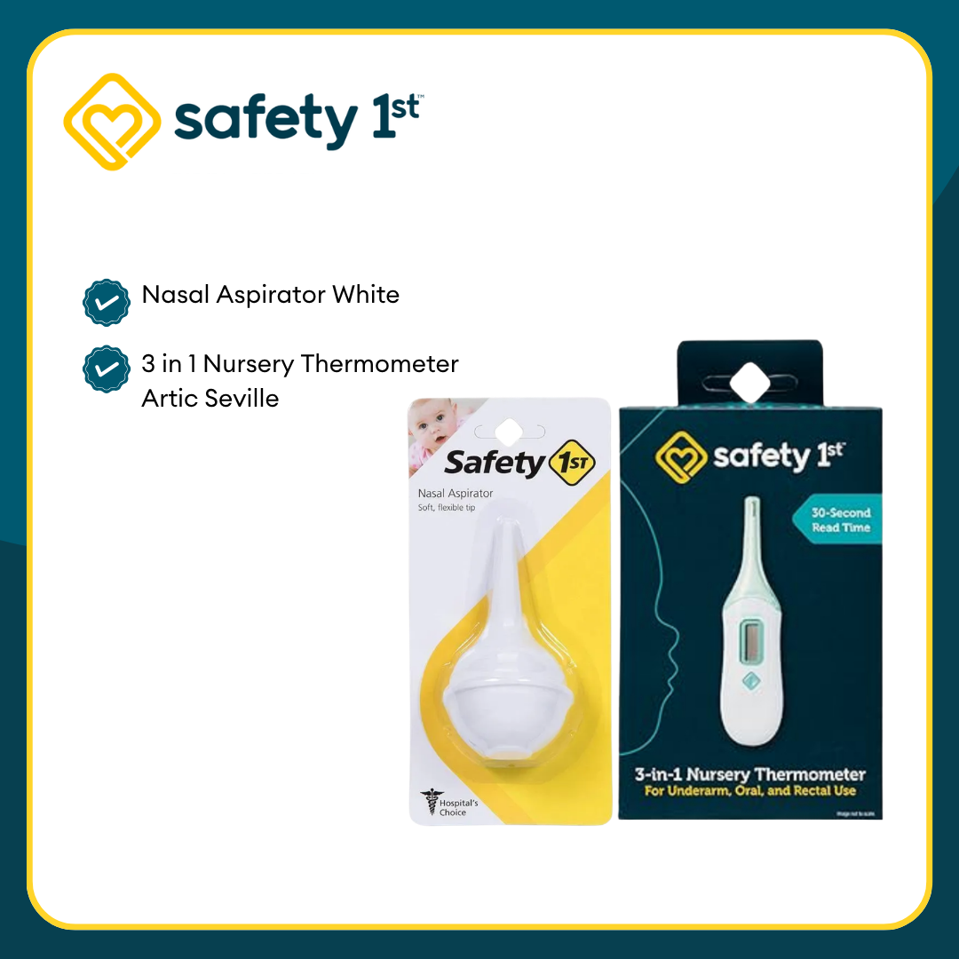 Safety 1st Nasal Aspirator and 3-in-1 Nursery Thermometer. Nasal Aspirator: Soft, flexible tip and Thermometer: 30-second read time, for underarm, oral, and rectal use